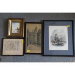 Two framed maps of Shropshire, a coloured engraving of Sunderland, an etching of a church and a