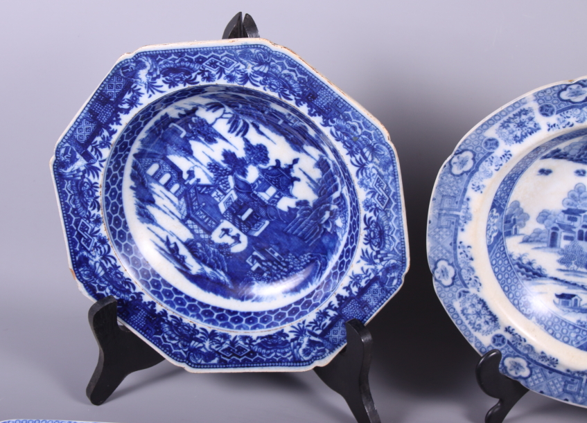 An early 19th century blue and white transfer decorated chestnut basket, a similar osier plate, four - Image 4 of 12