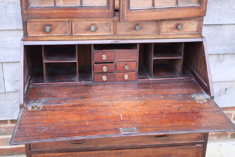 A late 19th century mahogany and banded bureau bookcase, the upper section enclosed lattice glazed - Image 2 of 2