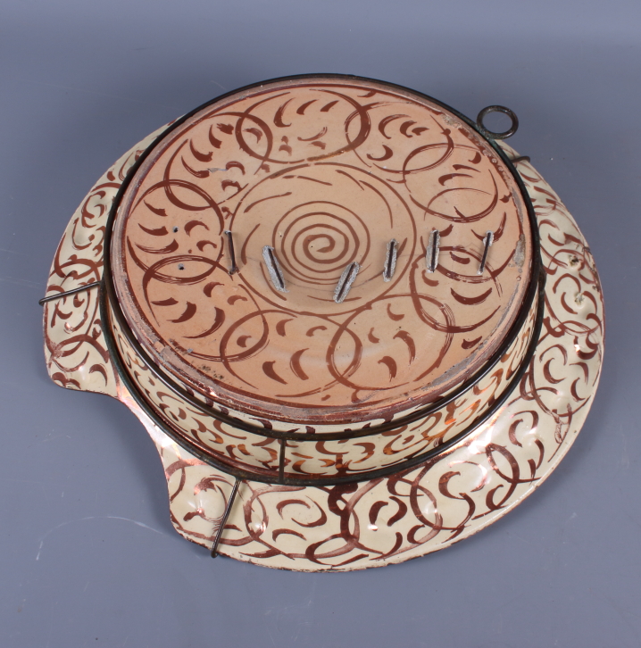 An early 18th century Hispano Moresque shaving bowl with traditional design, 14" dia (restorations) - Image 3 of 4