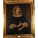 An early 19th century oil on canvas, portrait of a woman holding a fruit, 28 1/2" x 36", in gilt