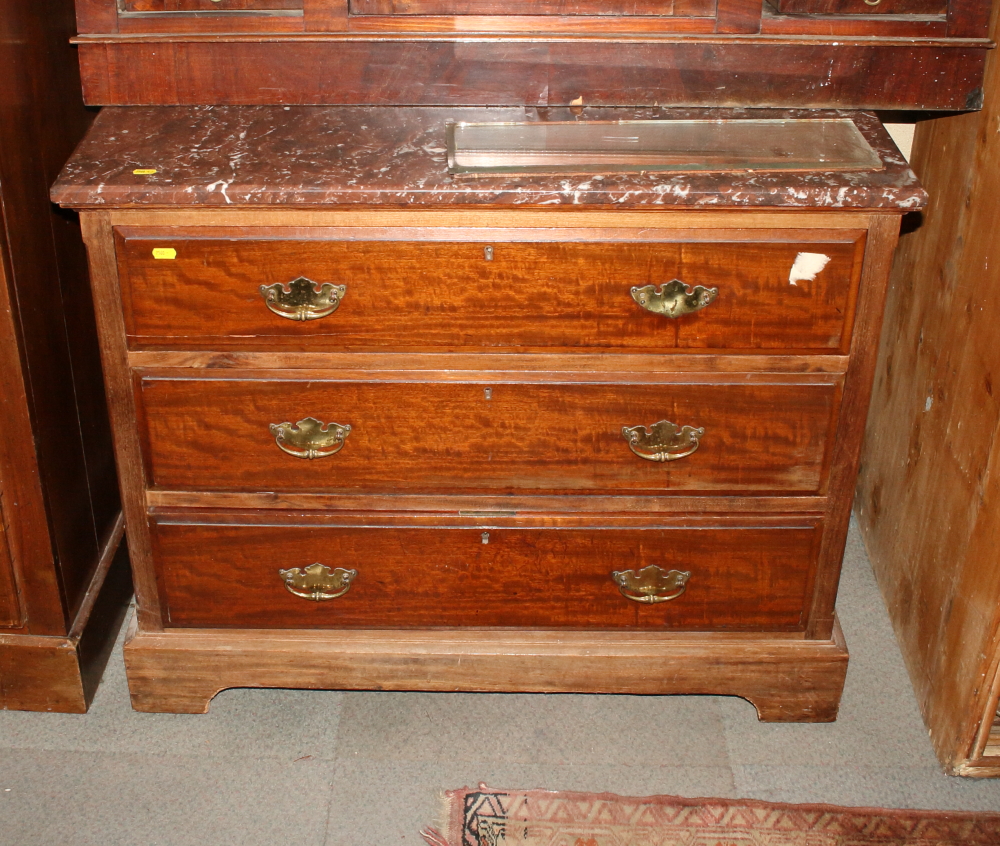 A 19th century mahogany chest, fitted red marble top and three long drawers, 36" wide