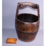 A Japanese coopered pine water bucket, 14" dia, and an olive wood stamp box, 5 1/2" wide