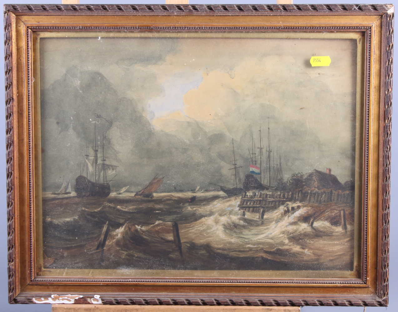 An early 19th century watercolour, shipping off the Dutch coast, in rough seas, 10 1/2" x 15", in