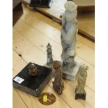 Three Chinese carved hardstone figures, various, a serpentine stone lighthouse paperweight and a
