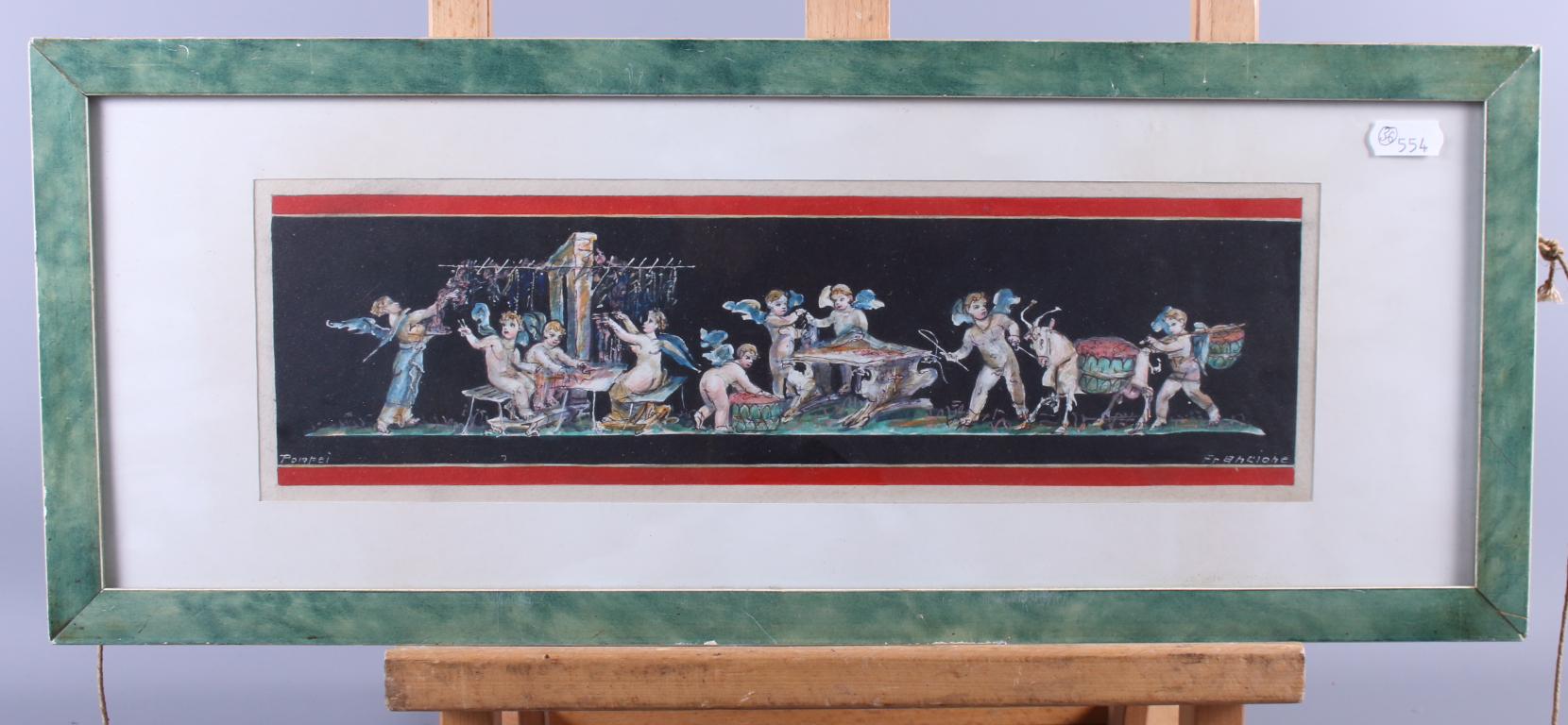 An Italian gouache, Pompeian fresco, 4" x 14", in marbled frame, and a mid 20th century