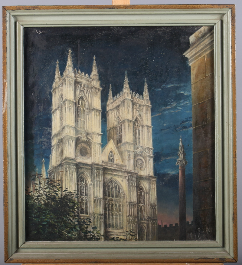 †Felix Kelly: oil on board, view of floodlit western facade of Westminster Abbey, 11 1/2" x 13",