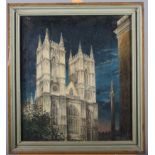 †Felix Kelly: oil on board, view of floodlit western facade of Westminster Abbey, 11 1/2" x 13",