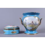 A 19th century Continental porcelain fern pot with figure decoration on a bleu celeste ground, 7"