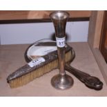 A silver specimen vase, a silver-backed hand mirror and a silver-backed brush