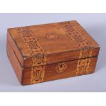 A late Victorian Tunbridge inlaid sewing box, complete with various sewing implements including