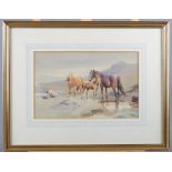 Mabel Kingwell: watercolour, three horses in moorland, signed and dated 1917, 7" x 11", in gilt