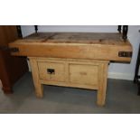 A butcher's hornbeam block, fitted two deep drawers, on pine stand, 60" x 30"