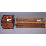 An early 19th century mahogany and ebony strung tea caddy with inlaid shell paterae and a cribbage