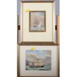Two watercolour sketches, 19th century sailing boats, a similar sketch, wagon by a coast, two