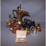 A metal model of an elephant, a Persian brass ewer, a copper kettle and various other metalware