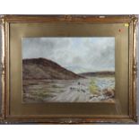 R Halfright: watercolours, moorland landscape with shepherd and sheep, 20" x 14", in gilt frame