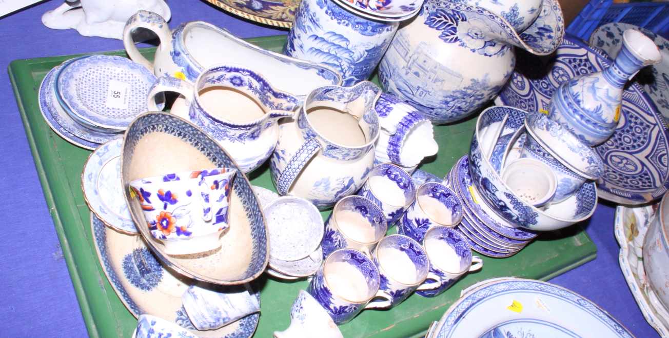 A collection of assorted 19th century blue transfer decorated wares (damages)