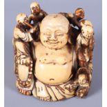 A Chinese ivory Hotei figure, possibly 18th century, with areas of original gilding, 3 1/4" high