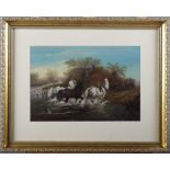 Jessie Waters: a 19th century oil painting, three horses fording a river, 7" x 11", in gilt frame