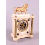 A late 19th century marble cased mantel clock with lion surmount, 13 1/2" high