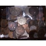 A selection of British and World coins including a Staffordshire pottery one penny token dated 1813,