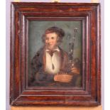 A 19th century oil on panel, Northumbrian pipe player, 7 1/2" x 9", in painted frame