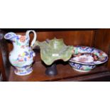 An Ironstone toilet bowl, a matching jug and other decorative china