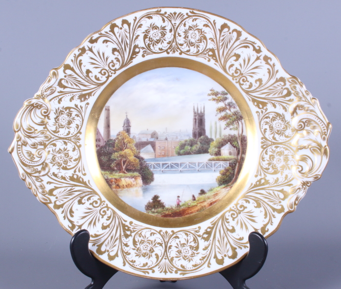A 19th century Stevenson & Hancock Derby porcelain plate, the central panel painted by H S