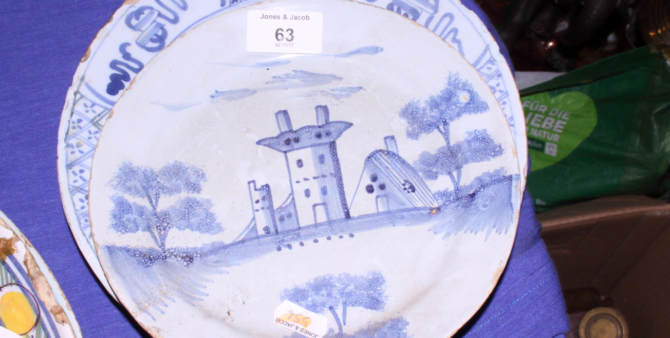 Five early Delft pottery plates, each of a different design, (all with chips to rim), 8 3/4" dia, - Image 7 of 10