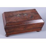 A rosewood tea caddy containing a number of specimen hardstone eggs, etc