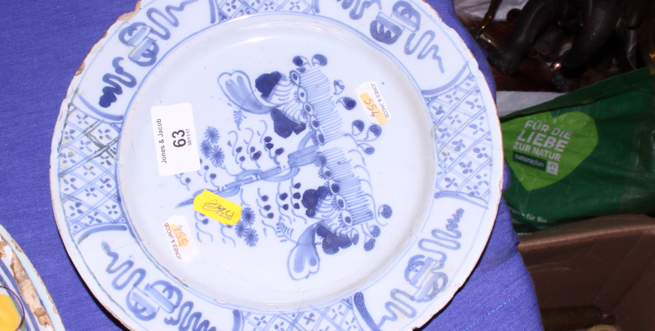 Five early Delft pottery plates, each of a different design, (all with chips to rim), 8 3/4" dia, - Image 9 of 10