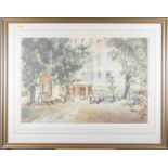 A W Brown: a pencil signed coloured print, Continental town square with figures, 19" x 26", and an