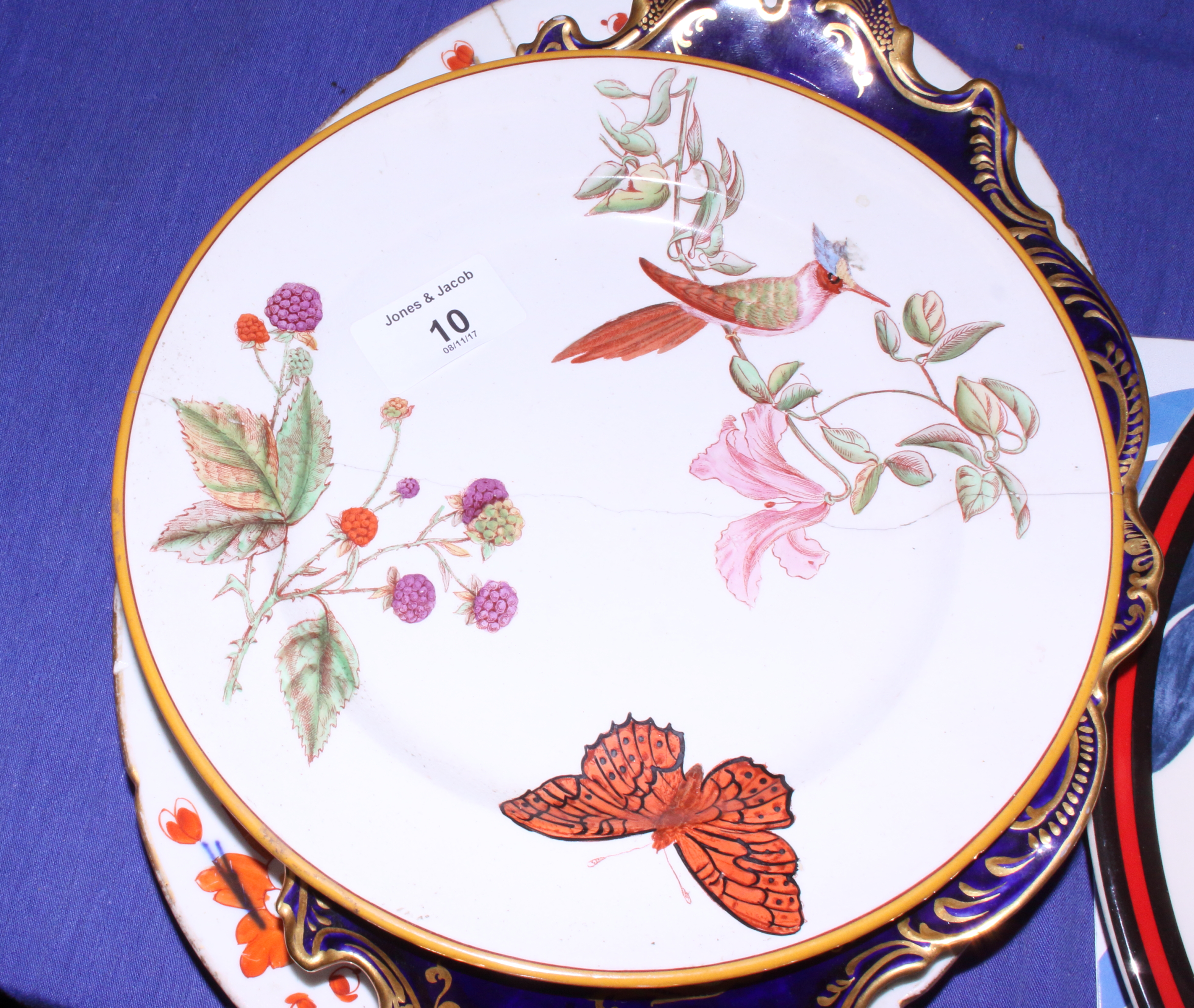 A 19th century Derby "Tree" pattern oval meat plate and side plate, a Wedgwood plate decorated - Image 5 of 7