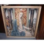 A framed medieval design tapestry panel, "Lady of the Fountain", 34" x 31"