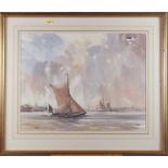 J Chambury: watercolour, sailing barges on the Thames?, signed and dated '72, 17" x 22", in gilt