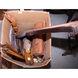 Five wooden tripods and camera parts, in leather cases and a barometer case