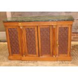 A Regency design mahogany breakfront side cabinet with green marble top and four doors inset gilt