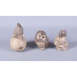 Three Poole Pottery stoneware models, wren on an apple, standing owl, and mouse on an ear of corn
