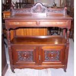 A late Victorian walnut two-tier buffet, fitted shallow frieze drawers and cupboard to base, 48"