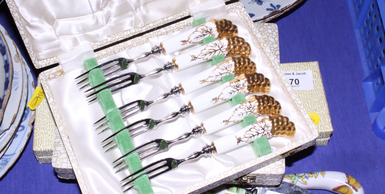 Three cases of Royal Crown Derby porcelain handled knives and forks, with white painted handles with - Image 2 of 2