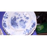 Five early Delft pottery plates, each of a different design, (all with chips to rim), 8 3/4" dia,