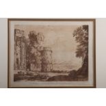 After Claude Lorraine: a 19th century sepia engraving of classical ruins in landscape, a colour