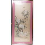 Two Chinese watercolours on silk, birds and flowers, 17" x 43", in gilt strip frames
