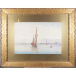 W W Petrie: watercolour, lake scene with fishing boats and buoy (foxed), signed and dated 1900,