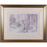 A Russell Flint coloured print, gypsies outside a church, two framed prints, figure studies, and