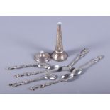 A set of six Italian white metal decorative teaspoons, a silver trumpet vase (a/f) and two cased