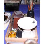 A ham stand, a hardwood stand, an artist's paintbrush base and other items, various