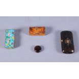 A tortoiseshell and pique cheroot case, a miniature tortoiseshell pill box and a Chinese enamelled