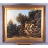 Late 19th century Alpine School: oil on canvas study of a village with figures and distant church,